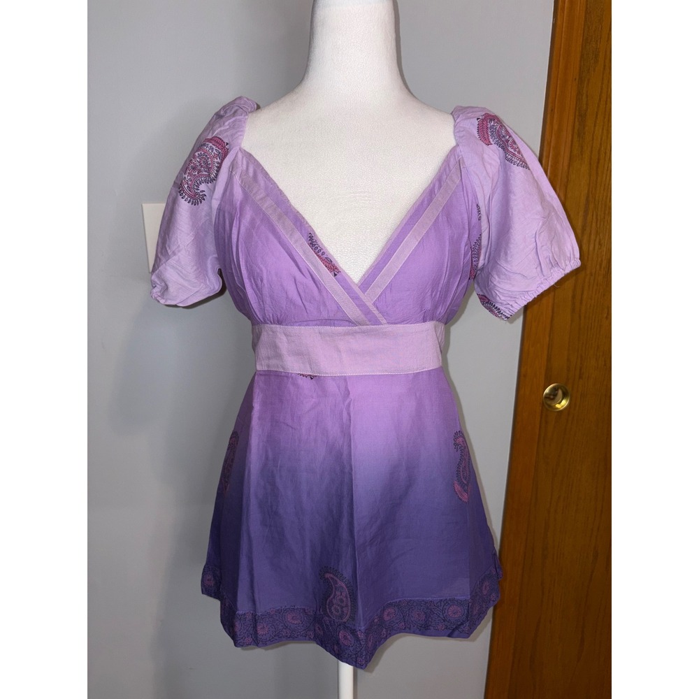 Chaudry KC Purple Ombre Paisley Cotton Tunic Top Empire Waist Small NWT bohemian